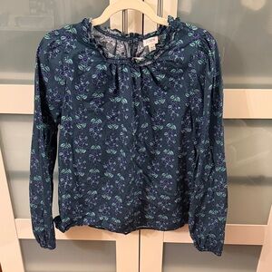 J. Crew Teal and Navy Floral Tie-Neck Long-Sleeve Blouse